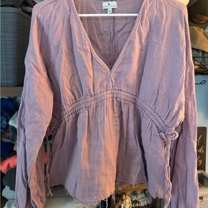 True Craft Pink Smocked Tie Front Long Sleeve Blouse